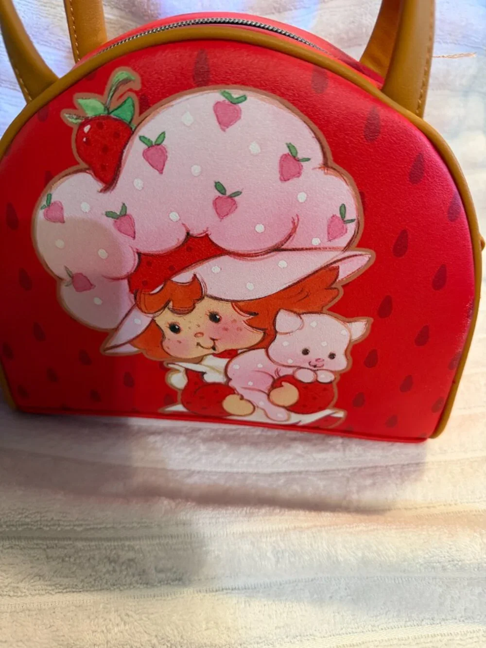 Loungefly Red Pink Strawberry Shortcake Satchel with Tan Handles